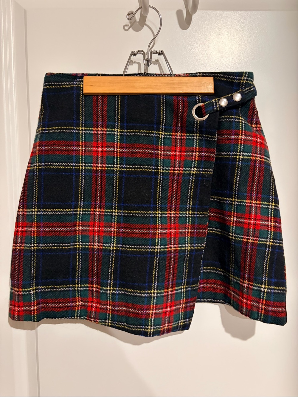 Francesca's Collections Red, Black & Green Plaid Wrap Mini Skirt with Buckle
